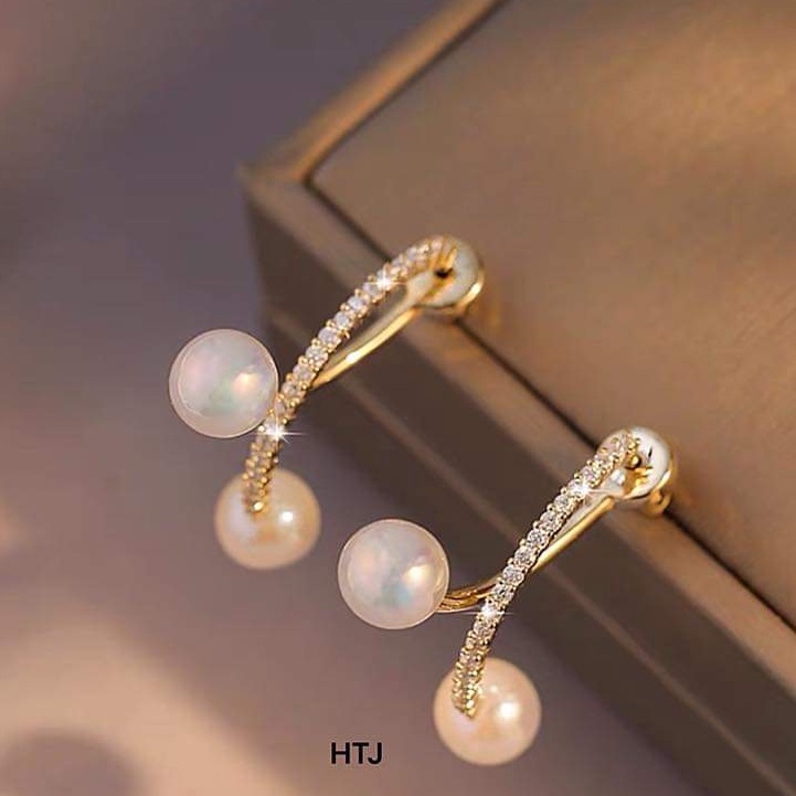 Bông tai bạc Van jewelry V10728 Bông tai hàng đá thả ngọc sang chảnh