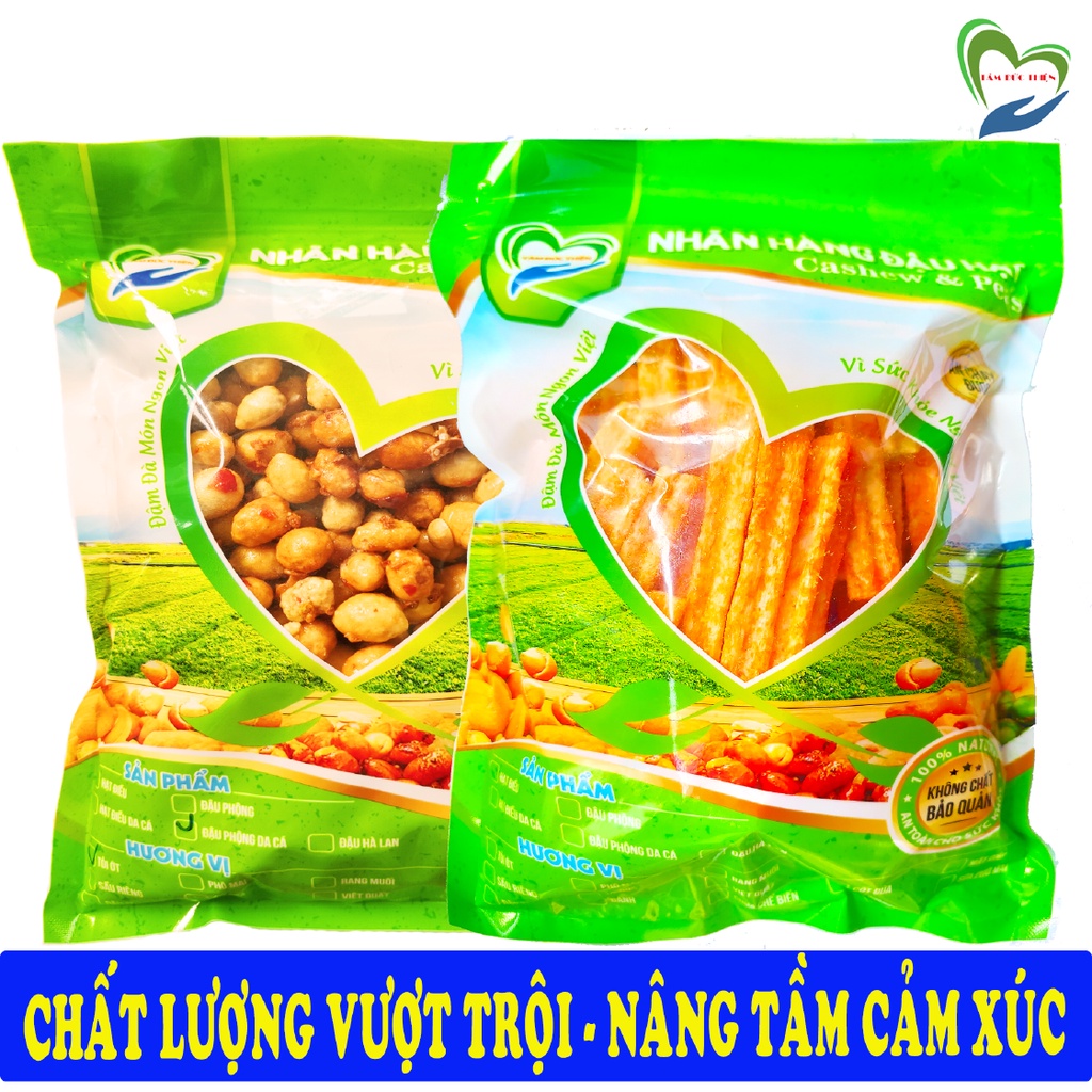 Combo 2 Túi: Đậu Phộng Da Cá Rang Tỏi Ớt 500GR và Túi Bánh Khoai Tây Phô Mai Que & Đậu Hà Lan 178GR Tâm Đức Thiện