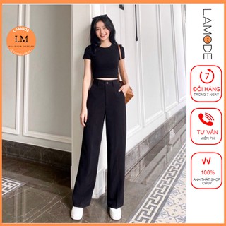 Quần ống suông rộng cạp cao siêu hack dáng LAMODE, quần ống loe cạp cao khóa trước có cúc