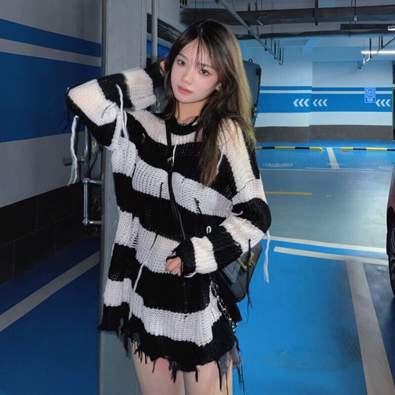 G39. 12. ÁO SWEATER LEN LƯỚI KẺ SỌC PHONG CÁCH CÁ TÍNH