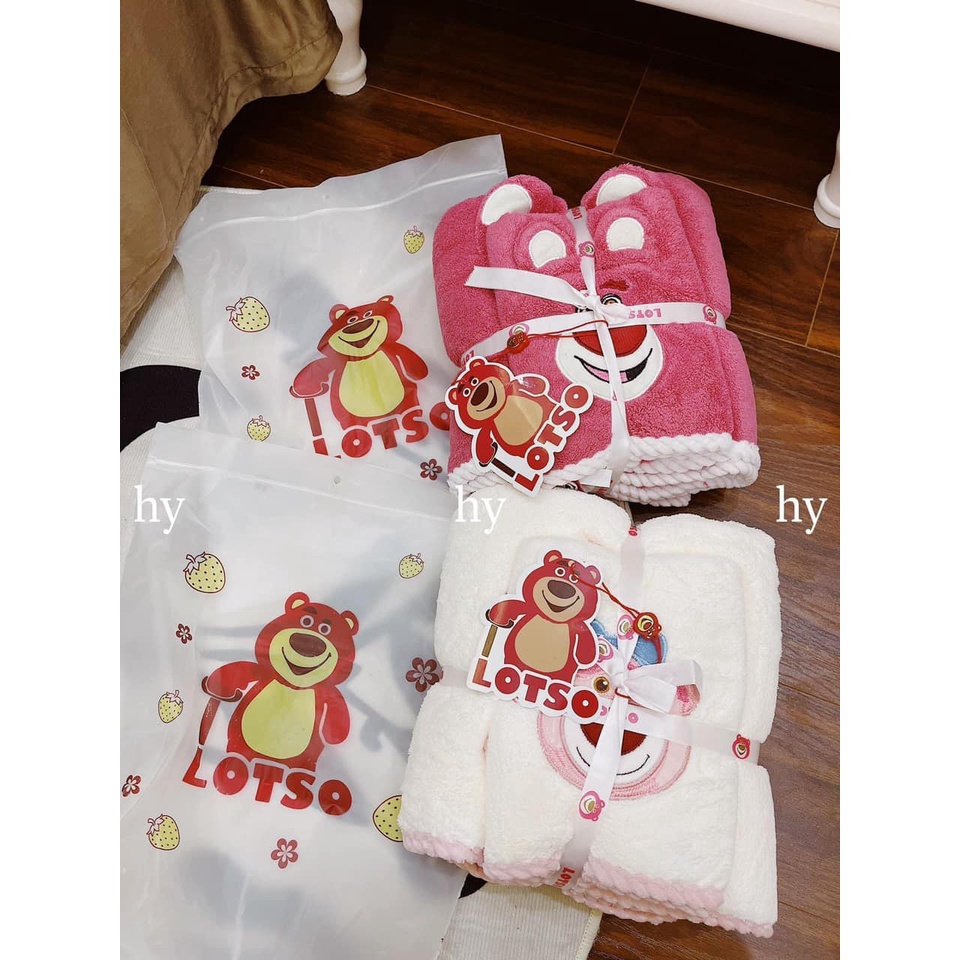 Set 2 Khăn Tắm Vải Lông Cừu San Hô Mềm Mại Thấm Hút Không Phai Màu Họa Tiết Chú Gấu Dâu Tây Xinh Xắn