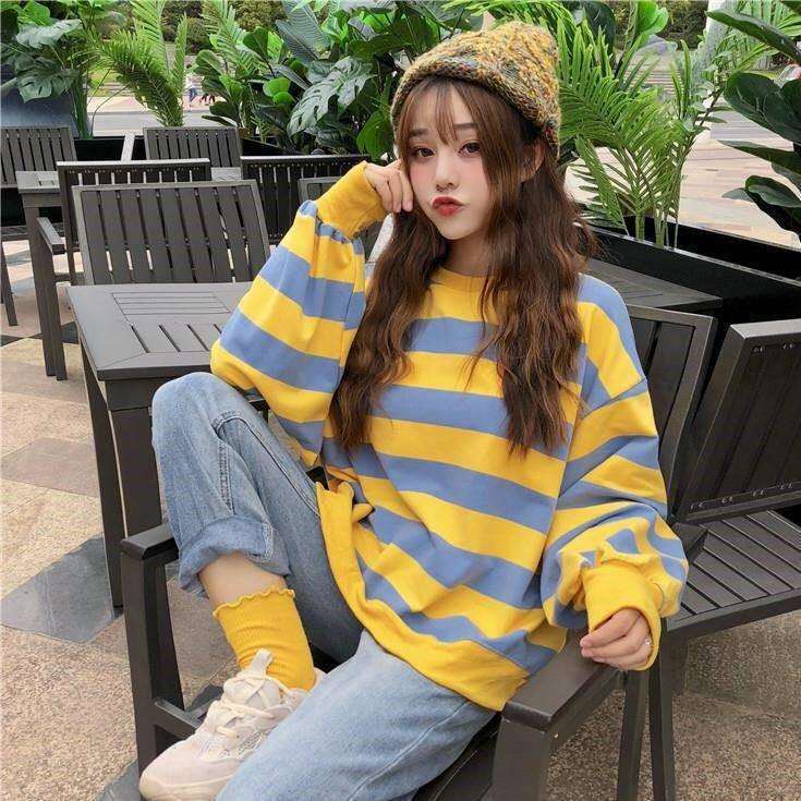 Áo Sweater Mỏng Dáng Rộng Tay Dài Kẻ Sọc Kiểu Harajuku Hàn Quốc Thời Trang Cho Nữ 200