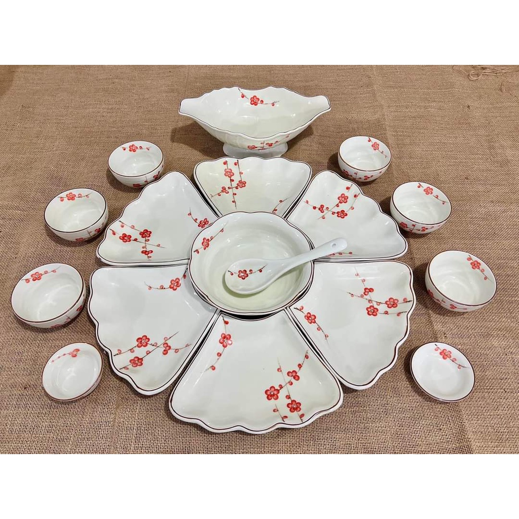 Bộ bát đĩa hoa mặt trời bày cơm cúng hoa đào đỏ men kem size 45 cm