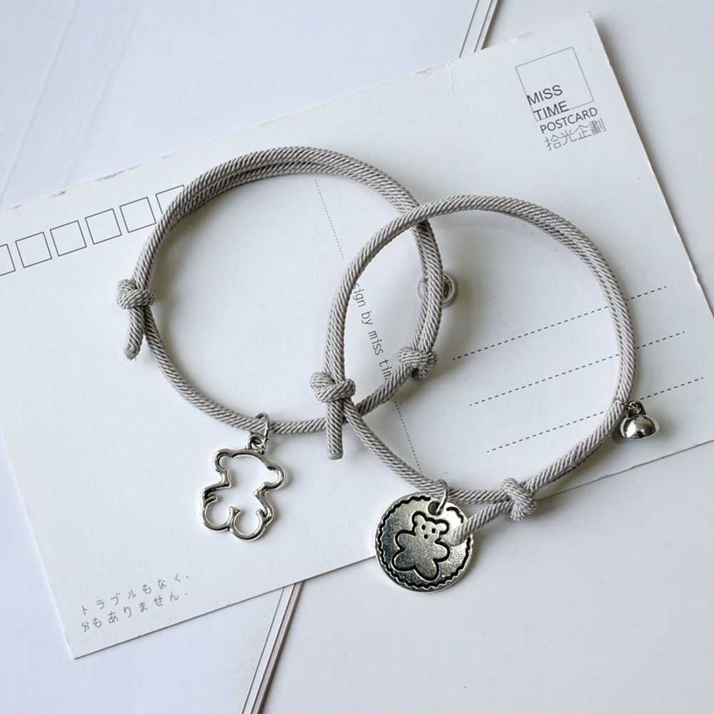 Cặp vòng tay dây bện trang trí mặt kim loại hình gấu dành cho nữ