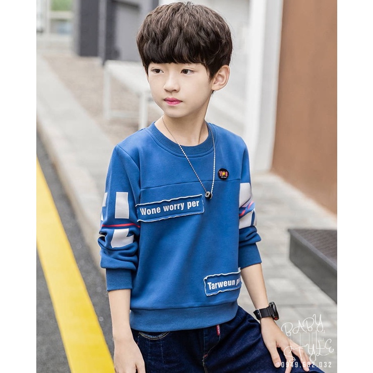Áo thun nỉ - Áo sweater bé trai &quot;WORRY&quot; 14-45kg (4-14 tuổi). Thoải mái - ấm áp. Hàng may kỹ. B43