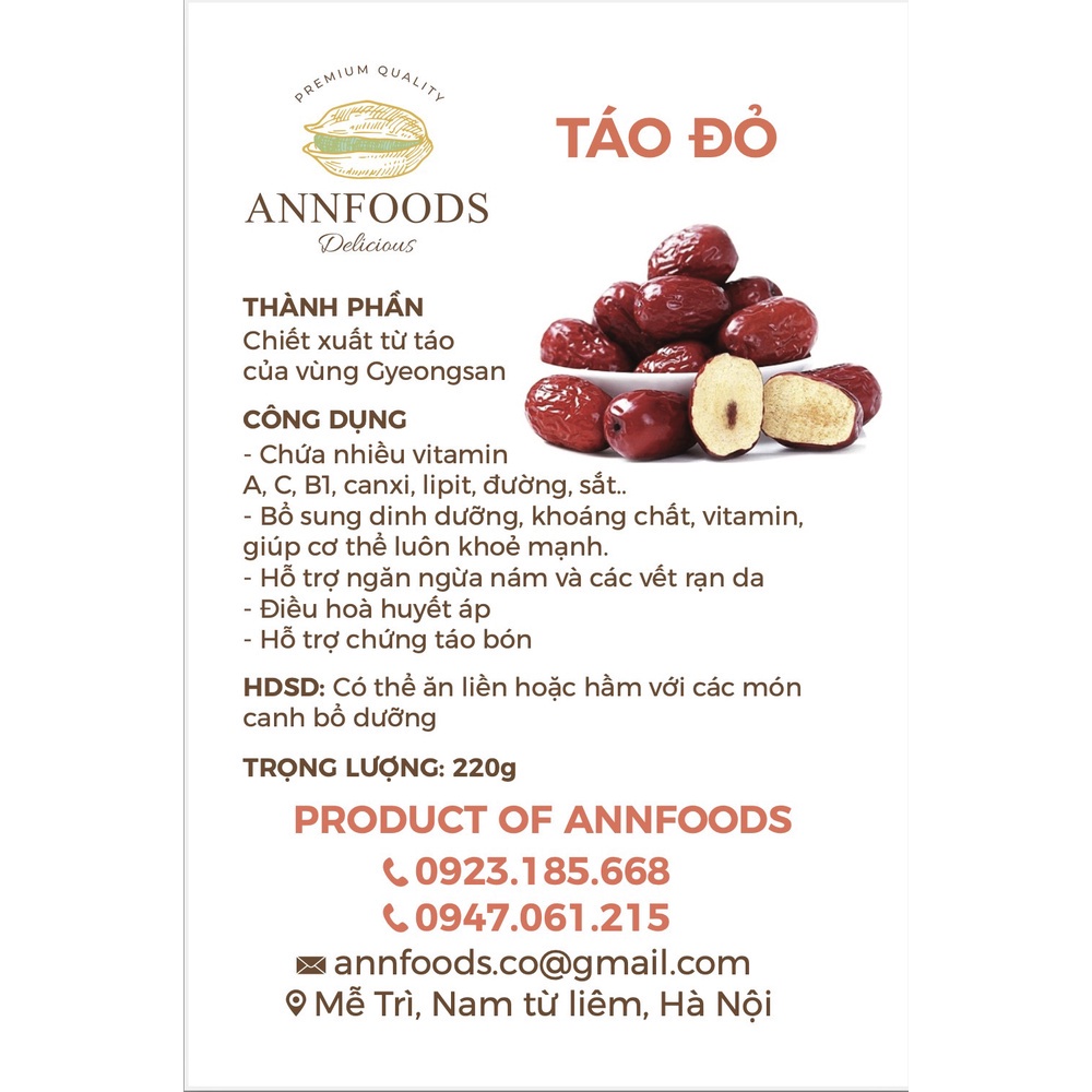 Táo Đỏ Sấy Khô Táo Đỏ Giàu Dinh Dưỡng Tốt Cho Mẹ Bầu Dùng Để Hầm Gà Chưng Yến Hãm Chè - Annfoods