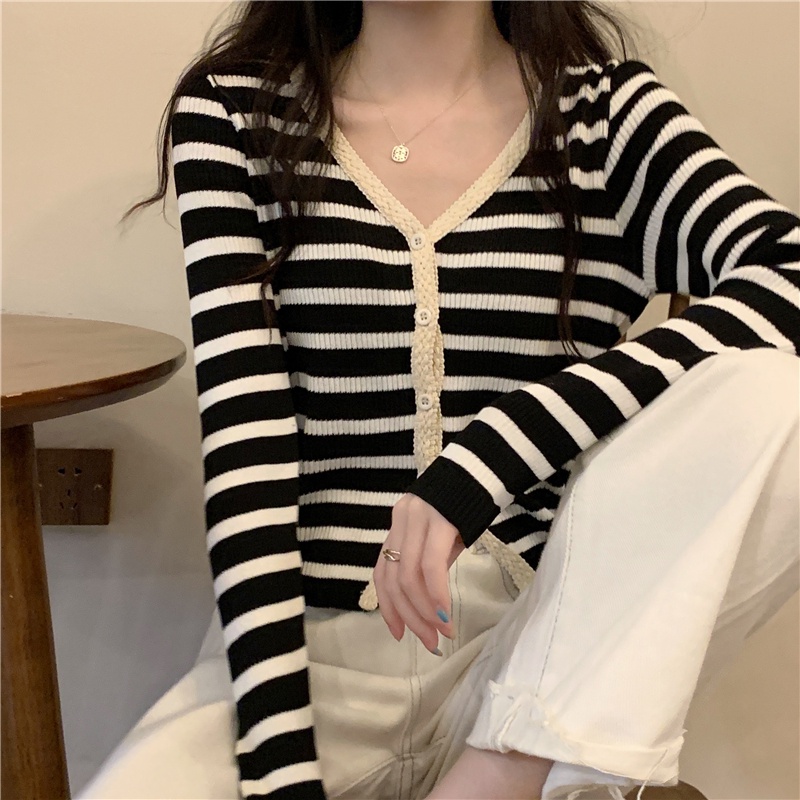 Áo cardigan SUXI dệt kim tay dài cổ chữ V hoạ tiết kẻ sọc phong cách cổ điển