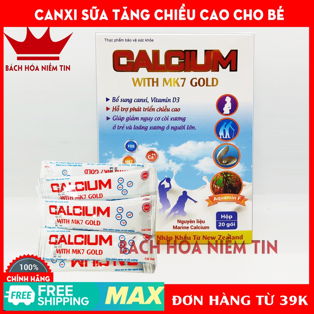 Canxi sữa tăng chiều cao cho bé CALCIUM With MK7 Gold - Canxi từ tảo biển, nhập khẩu New Zealand - Hộp 20 gói