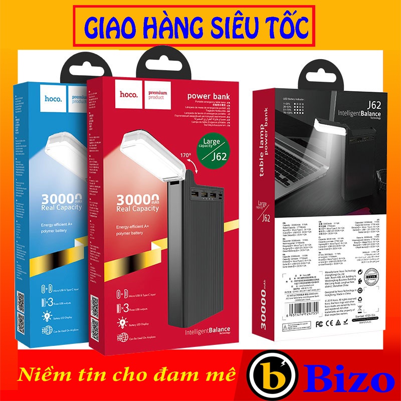 ⚡PIN KHỦNG⚡ Pin Sạc dự phòng HOCO J62 30000mAh,Củ sạc dự phòng sạc nhanh 18W cho ip,xiaomi,samsung,oppo tích hợp đèn pin