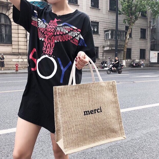 Túi Cói Đi Du Lịch Merci Sang Chảnh,Túi Cói Đi Biển- Mầu Nâu Nhạt Có Lót và Khóa Kéo Bên Trong