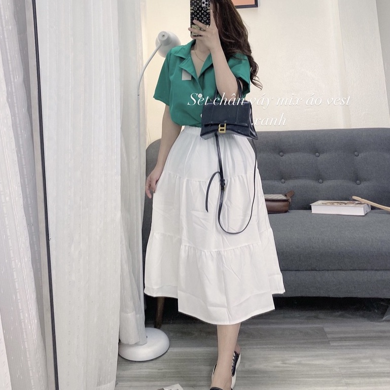 Set áo vest blazer mix chân váy chữ A màu trắng dáng dài phong cách công sở Hàn Quốc trẻ trung Lịch sự