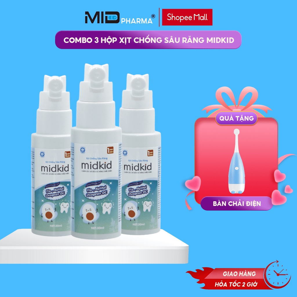 Combo 3 hộp Xịt chống sâu răng thương hiệu Midkid phù hợp cho trẻ em từ 1 tuổi giúp bảo vệ men răng, ngăn ngừa ố vàng