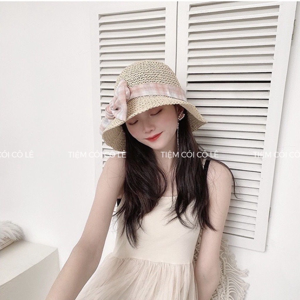 Mũ cói đi biển phối nơ kẻ xinh xắn dễ dàng gấp gọn - Tiệm Cói Cô Lê