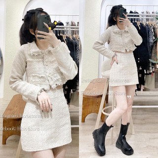 Set dạ tweed nude tay dài siêu xinh kèm ảnh thật MS123