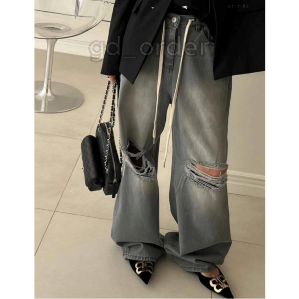 Q4|Quần jeans bò nữ thắt dây ống rộng rách gối hàn quốc basic dễ mặc đi học, đi chơi gd_order