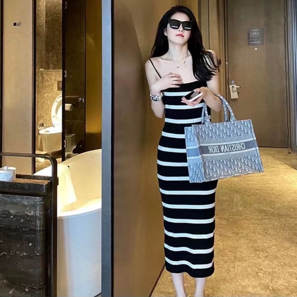 Đầm lửng SUXI hai dây dáng ôm kẻ sọc gợi cảm thời trang mùa hè dành cho nữ