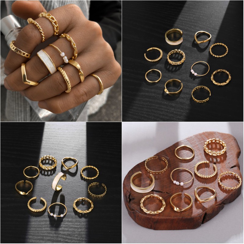 Bộ 10 nhẫn mạ vàng 18k đính ngọc trai nhân tạo thời trang