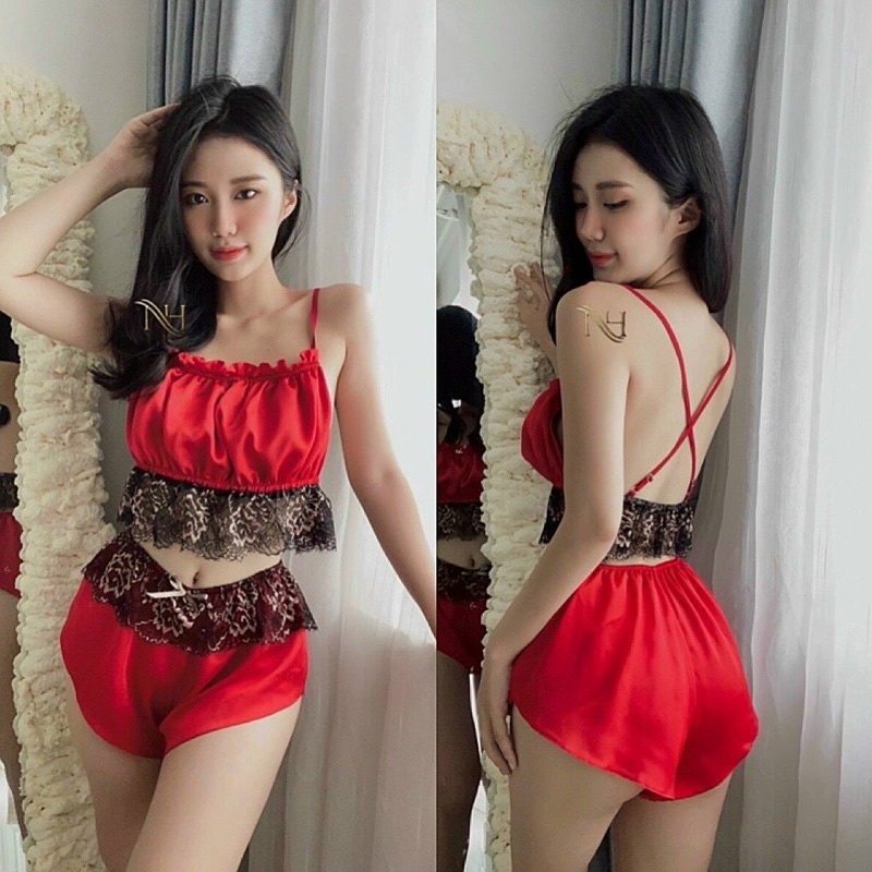 Bộ ngủ hai dây lụa satin thiết kế phối ren cao cấp | BigBuy360 - bigbuy360.vn