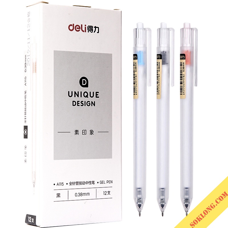 Bút gel bấm Deli A115 nét 0.38mm B54 SOKLONG, bút bi mực đen thân trong suốt đẹp mắt
