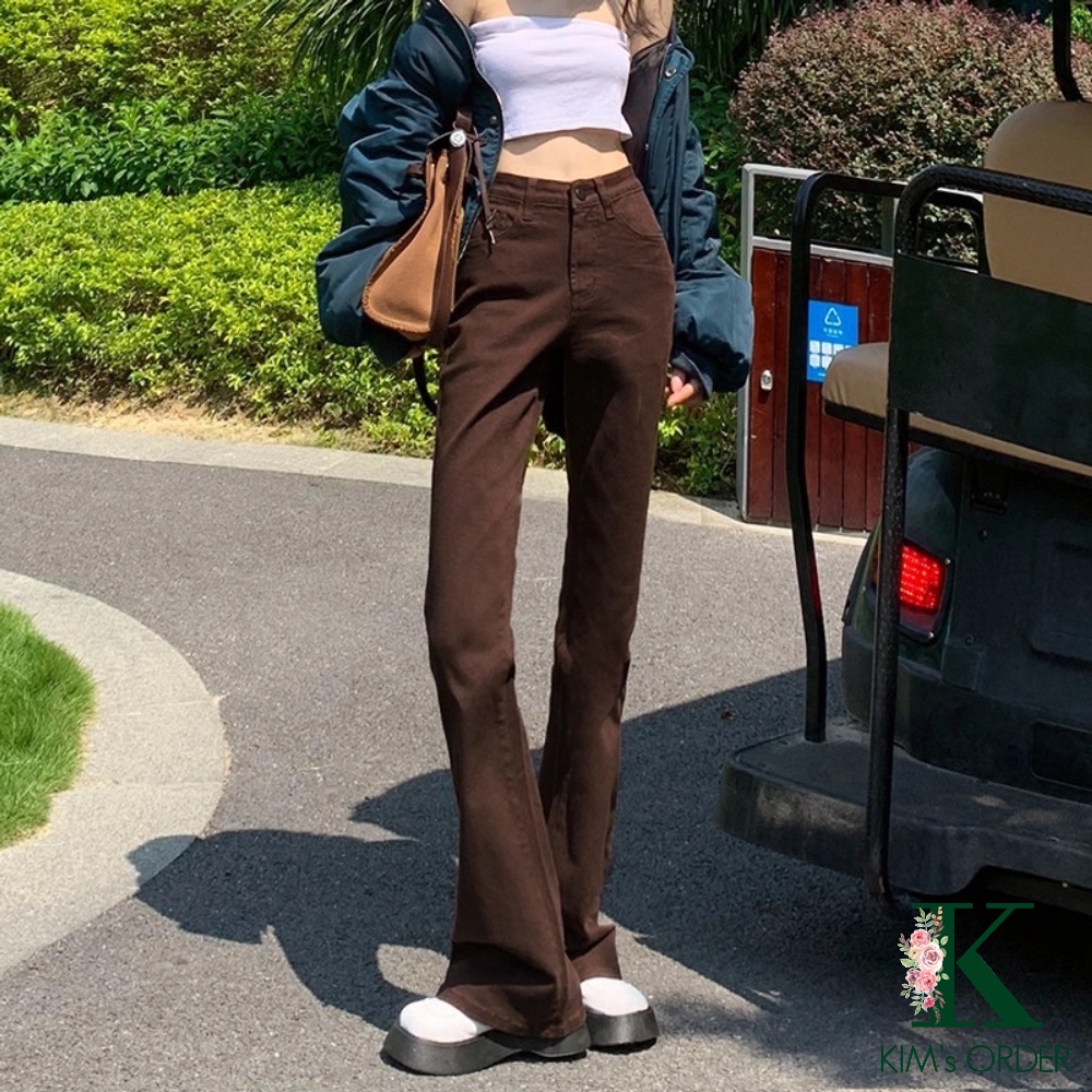 Quần Jeans Ống Loe Nữ Màu Đen Nâu Cạp Cao Loại 1 Chất Jean Kaki Co Dãn Style Hàn Cá Tính Mặc Hàng Ngày Có Bigsize