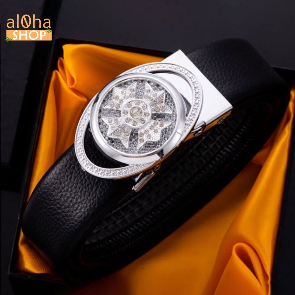 Thắt lưng da nam cao cấp mặt elip đính đá xoay 360, khoá tự động - al0ha Shop