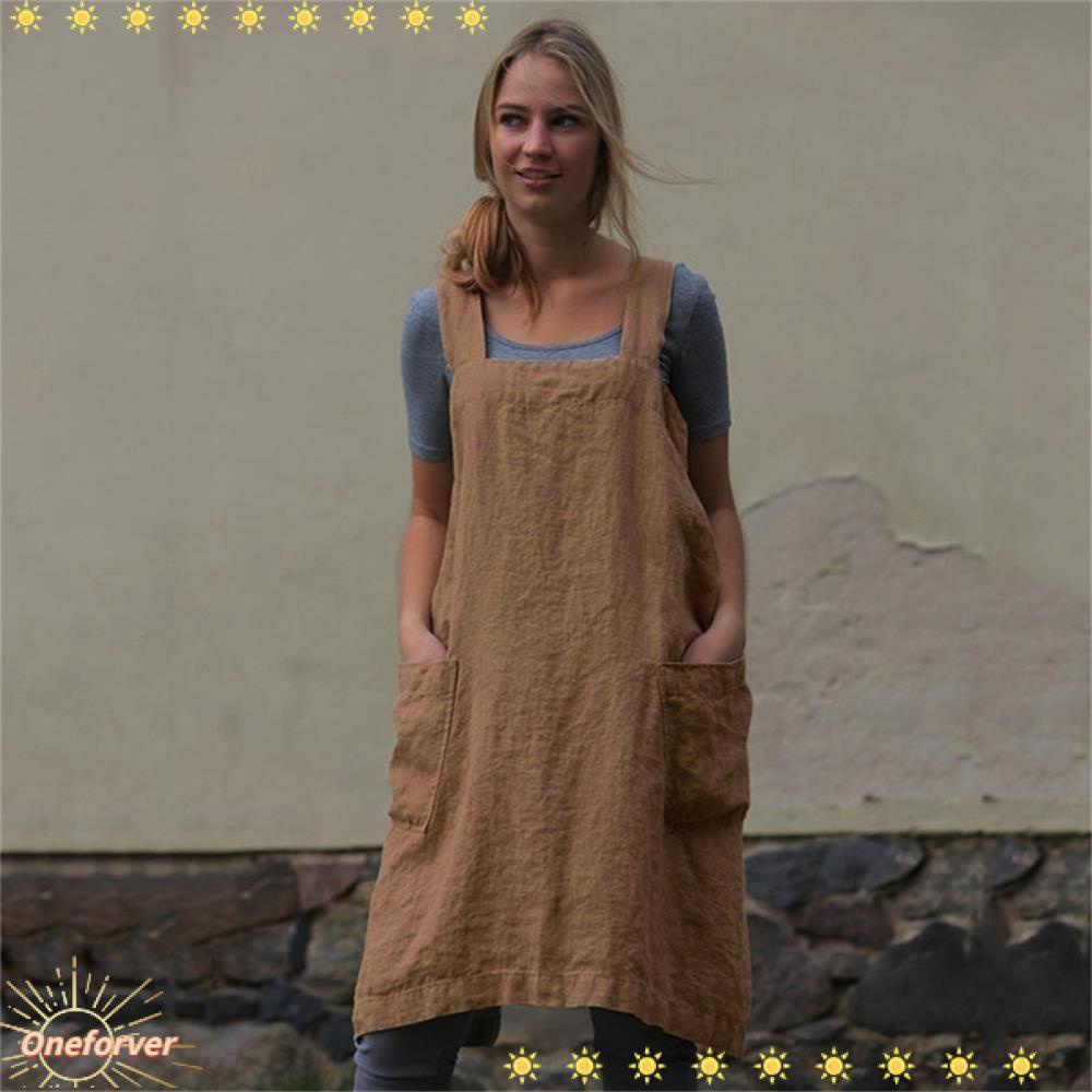 FOREVER Women Apron Baking Pinafore Dress Pinafore with Pocket New Cooking Cross Back Cotton Linen/Multicolor