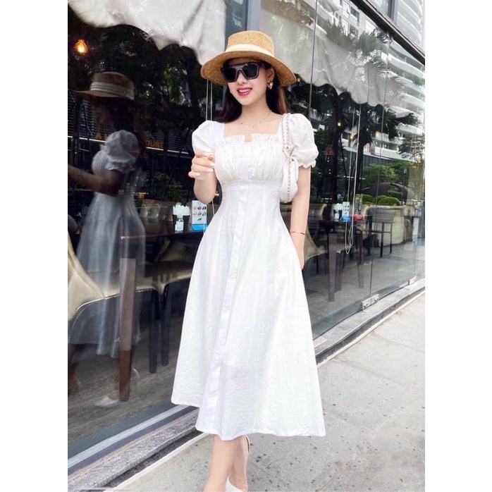 Đầm váy freesize trắng cổ vuông nhúng ngực