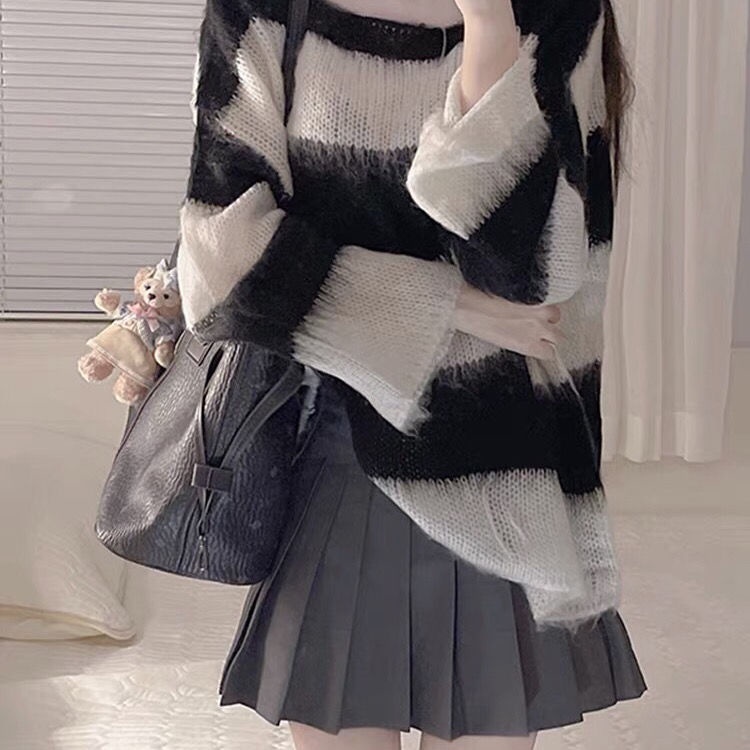 JSC Jiashucheng Áo Sweater Mỏng Họa Tiết Kẻ Sọc Rỗng Phong Cách Phương Tây Thời Trang Mùa Thu Mới 2022 Cho Nữ