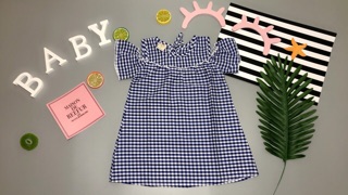Váy kẻ A tay cộc hở vai