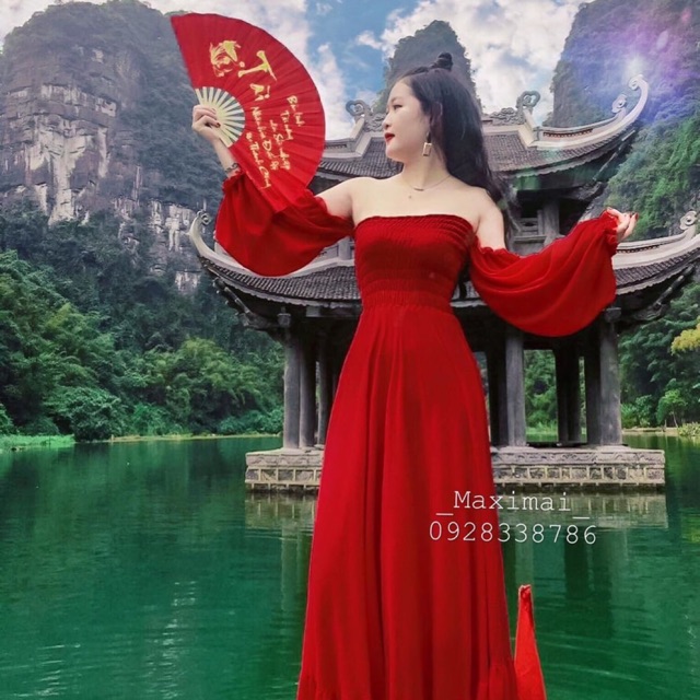 Váy bệt vai nhúng ngực boho ( hình thật )