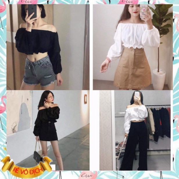 (mới) ÁO TRỄ VAI CROPTOP TAY DÀI BÈO NHÚNG ĐEN TRẮNG HOT - (Sp sẵn)