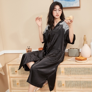 Đầm ngủ dài bằng lụa lạnh trơn mỏng dáng rộng thoải mái mát mẻ cho nữ