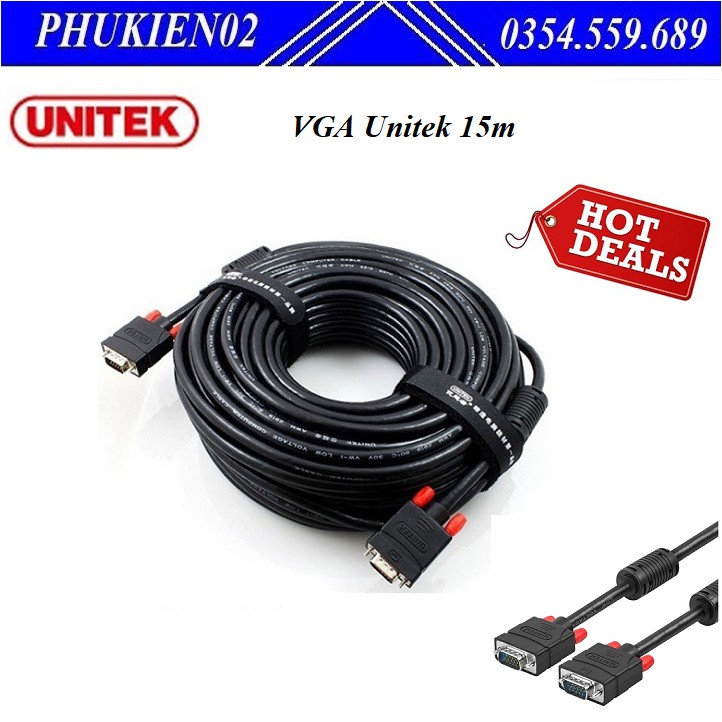 Dây VGA Unitek 15m Y-C507A chuẩn VGA  3C+6 dùng cho máy chiếu, màn hình LCD - Hàng chính hãng