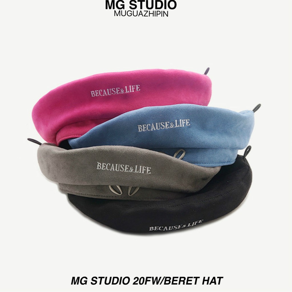 Mũ Beret MG STUDIO Vải Da Lộn Họa Tiết Thêu Chữ "BECAUSE&LIFE"