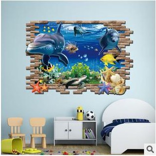 Giấy dán tường hình cá heo 3D sáng tạo hoa lụa gương tròn hồ cá mini trang trí chụp ảnh tranh đính đá trang trí tiệc
