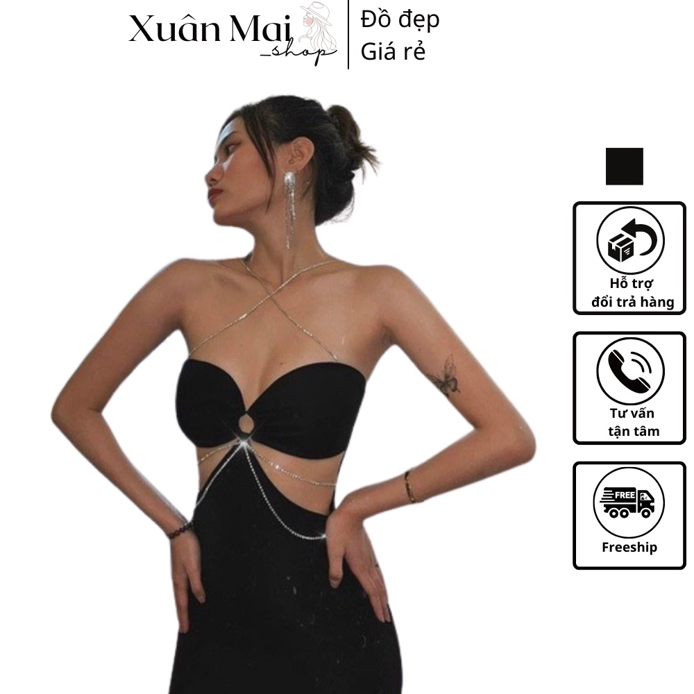 [FREESHIP] Đầm thiết kế đi tiệc form dài loe đuôi cá đính đá khoen ngực khoét eo màu đen gợi cảm