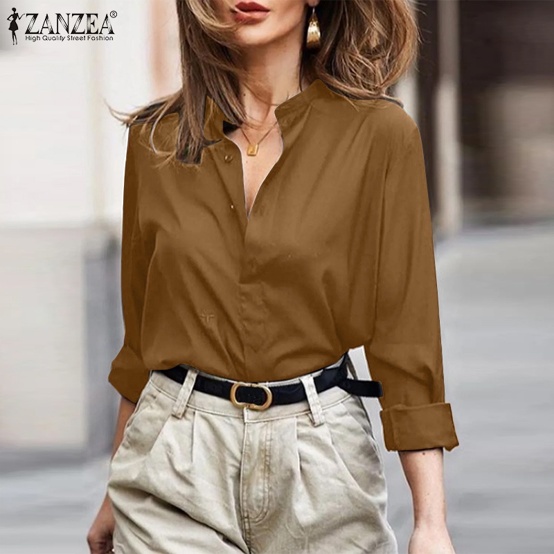 Áo kiểu Zanzea cổ tròn cài nút phía trước dáng rộng thời trang dành cho nữ