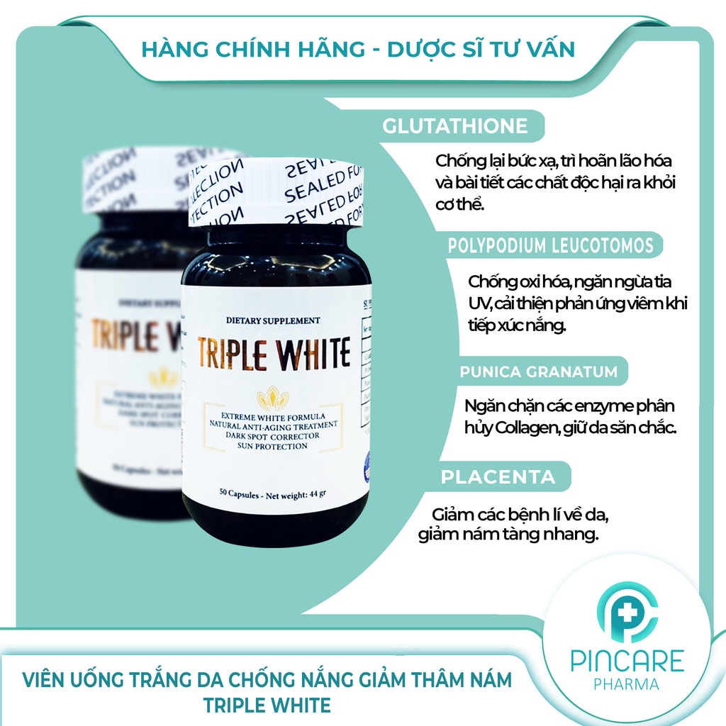 Viên uống sáng da Triple White chống nắng, đẹp da, giảm thâm nám của Mỹ - Hàng chính hãng - Nhà thuốc Pincare