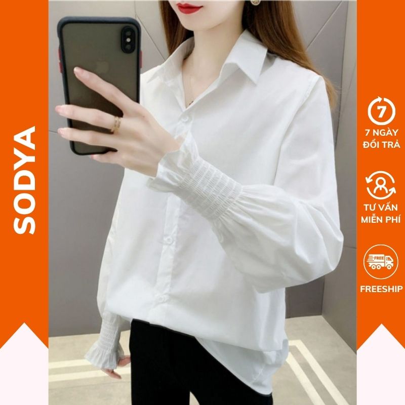Áo sơ mi nữ tay phồng form rộng dài tay kiểu bo nhún đẹp SODYA SM02