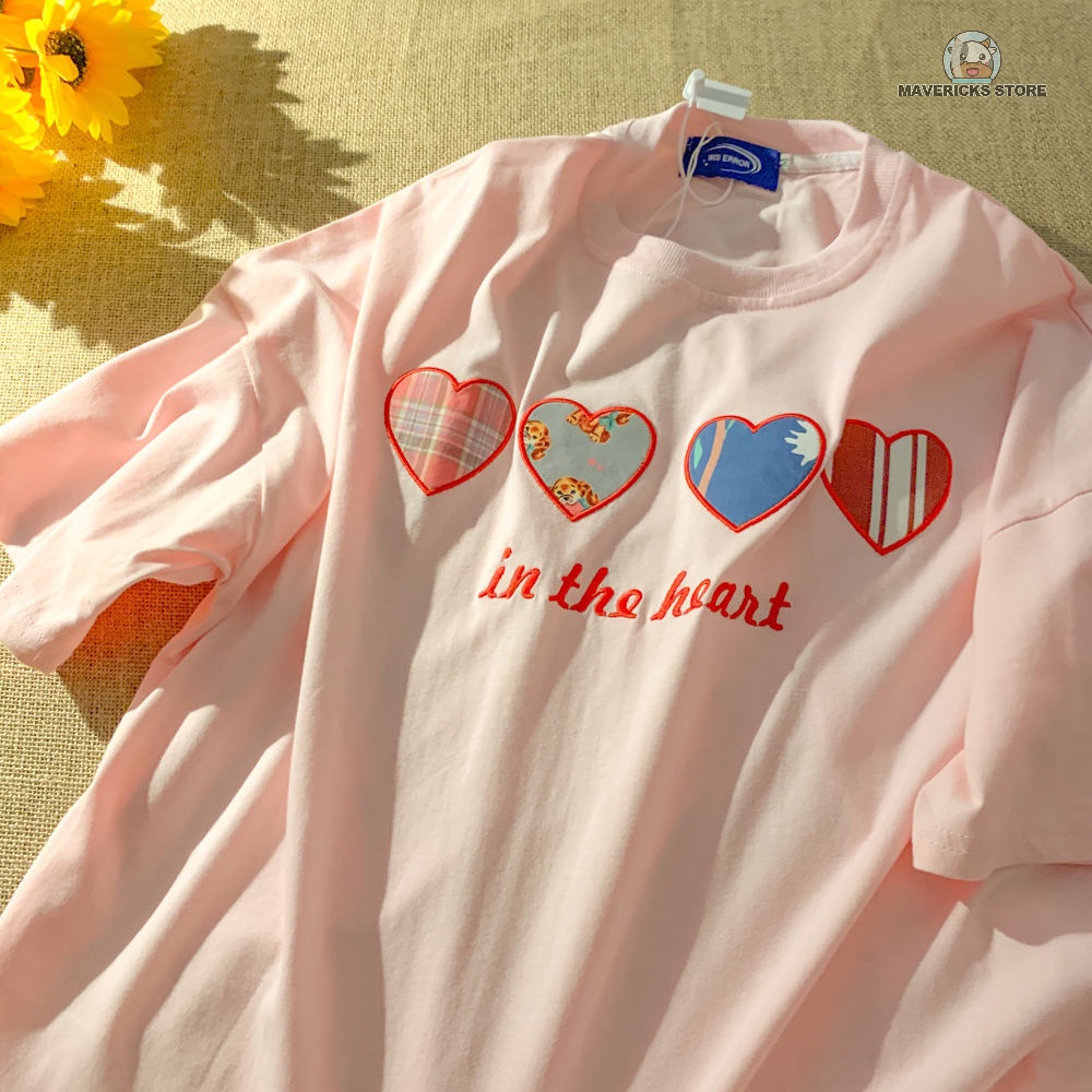 Áo Thun Cotton Tay Lửng Thêu Họa Tiết Trái Tim Xinh Xắn Cho Nữ