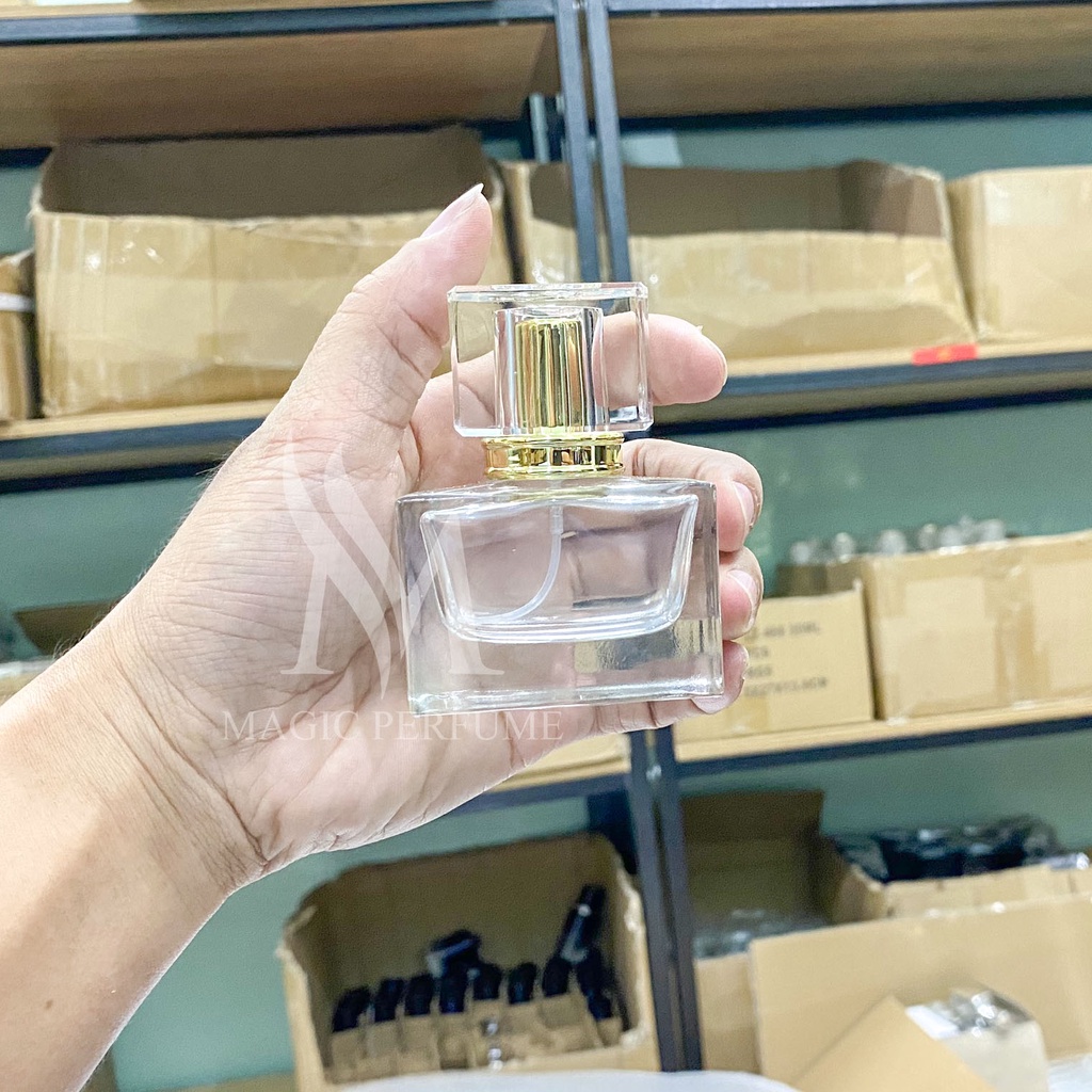 Chai đựng nước hoa cao cấp 30ml vuông ngắn nắp nắp màu pha lê trong suốt