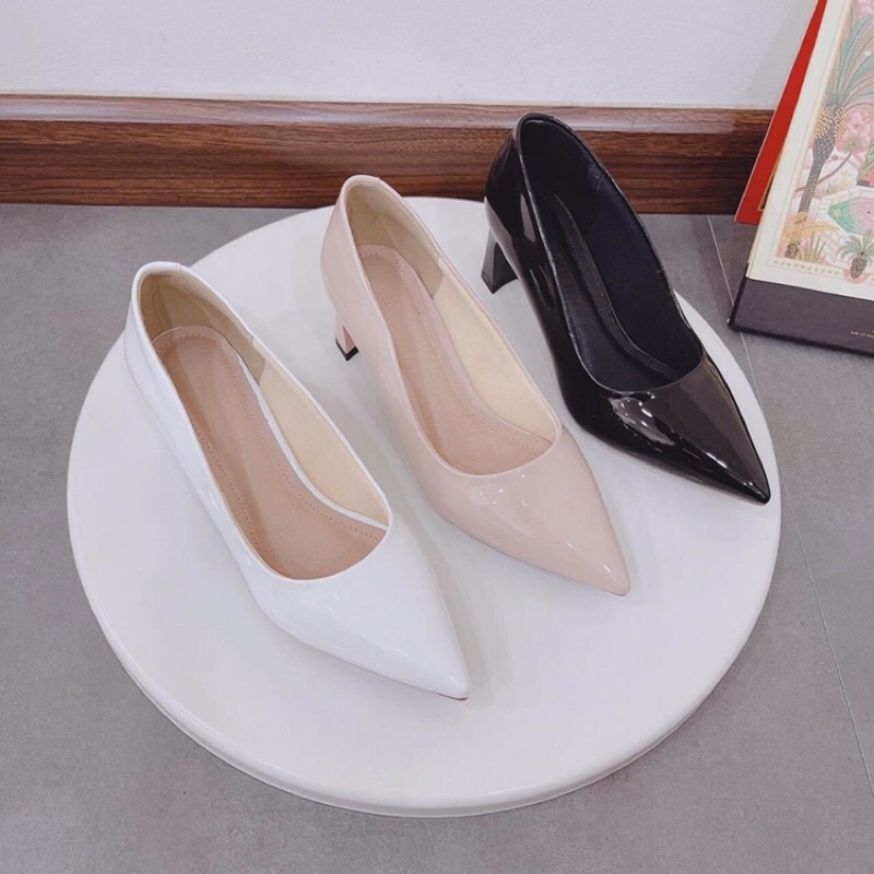 Giày cao gót da bóng mũi nhọn gót dẹt 5cm