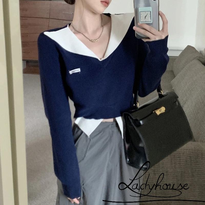 Áo Thun Dệt Kim Mỏng Tay Dài Cổ Chữ V Màu Sắc Tương Phản Cho Nữ