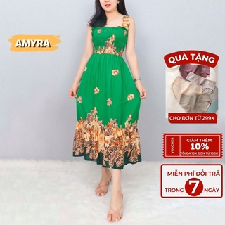 Đầm maxi hai dây bản to lanh thái cao cấp AMYRA - Váy hai dây bản to chiết eo cao thon gọn vòng 2 Va129