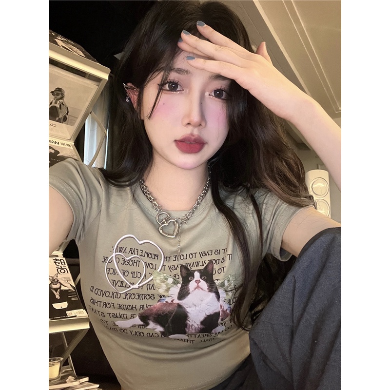 QKOOLE Áo croptop nữ  tay ngắn in họa tiết thời trang Hàn Quốc