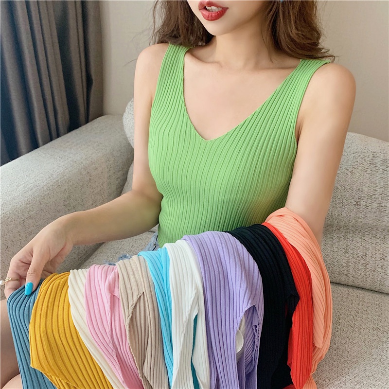 Áo Dệt Kim Sát Nách Cổ Chữ V Màu Sắc Thanh Lịch
