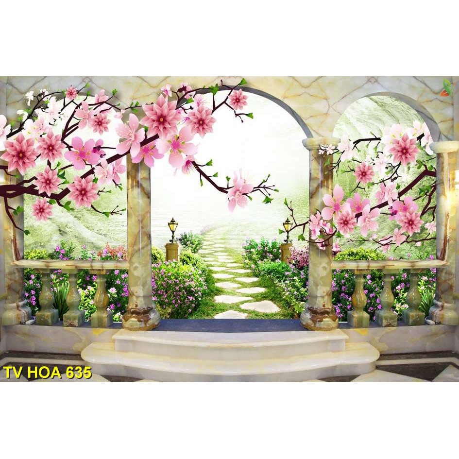 Tranh dán tường 3D cửa sổ hoa, Tranh decal Cửa sổ