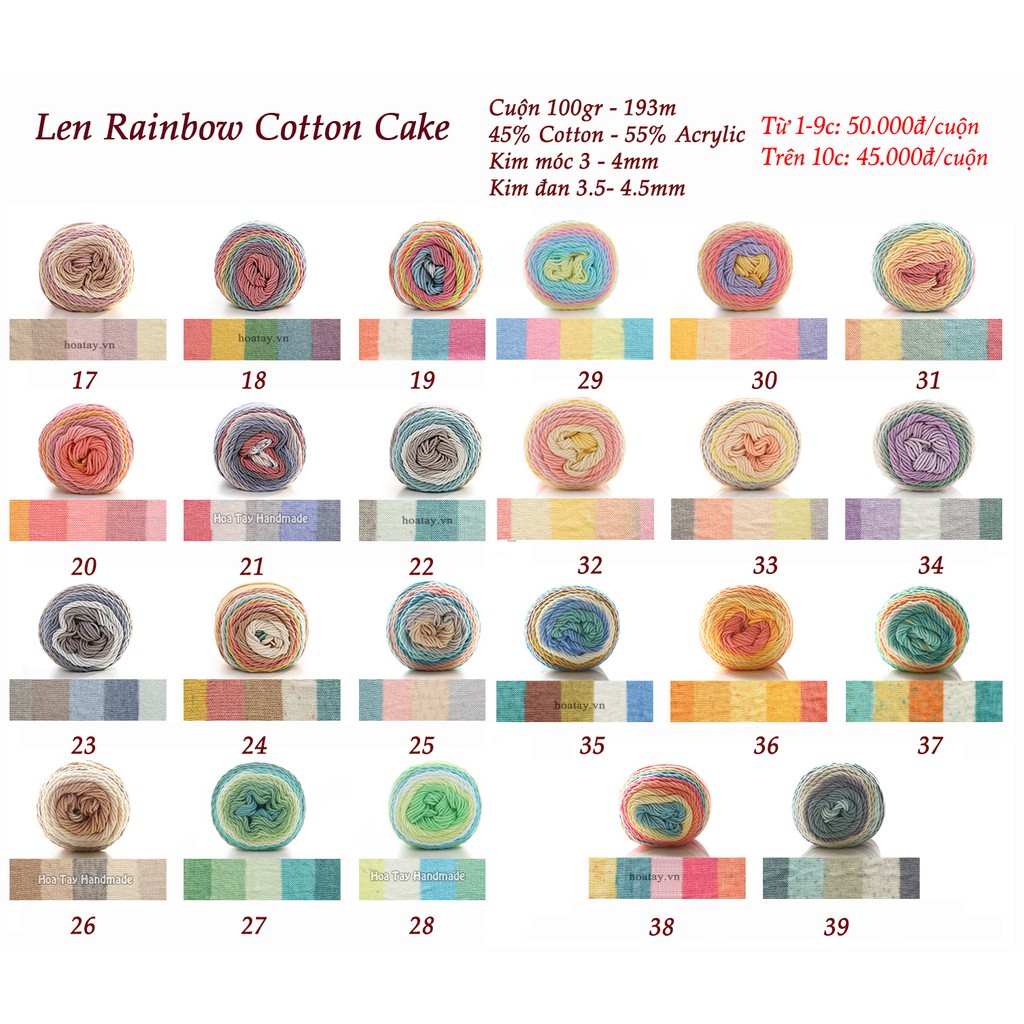 Len Rainbow Cotton Cake- Len đan móc khăn, nón Bảng màu 17 đến 28