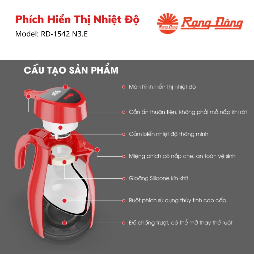 Phích Nước Nóng Rạng Đông 1L/ 1.5L - Model: RD-1542 N3.E– Hiển thị nhiệt độ thông minh – Bình Thủy Rạng Đông