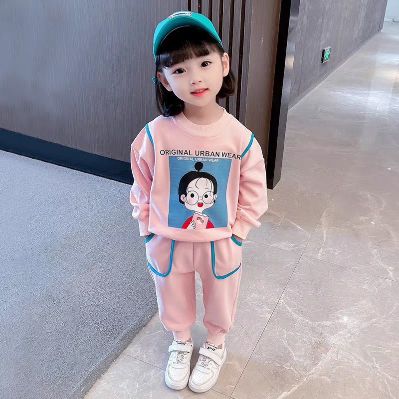 Đồ bộ thu đông cho bé chạy viền phối cá tính Set cotton dài tay hình cô gái cho bé 1 2 3 4 5 6 tuổi